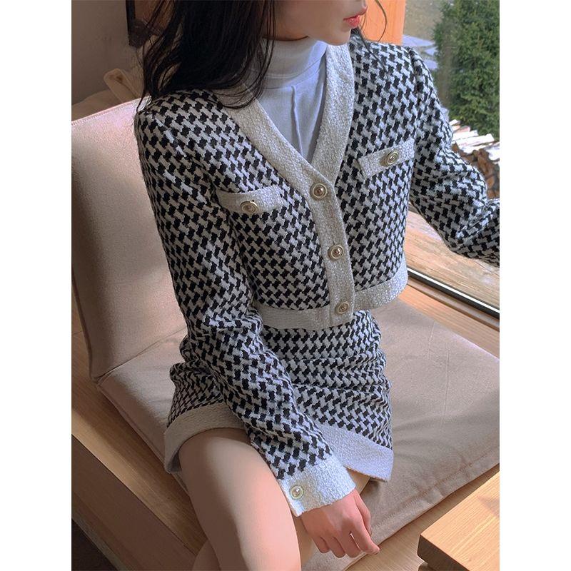 Bộ Áo Khoác Cổ Chữ V + Chân Váy Lưng Cao Phối Họa Tiết Houndstooth Thời Trang Cho Nữ