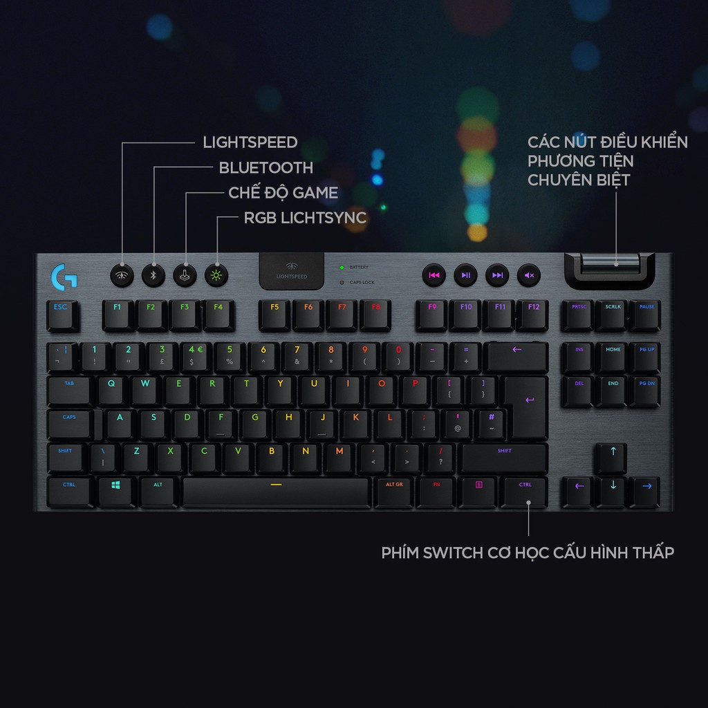 [Mã ELCL7 giảm 7% đơn 300K] Bàn phím cơ gaming không dây Logitech G913 TKL - Không phím số, Bluetooth/USB, RGB