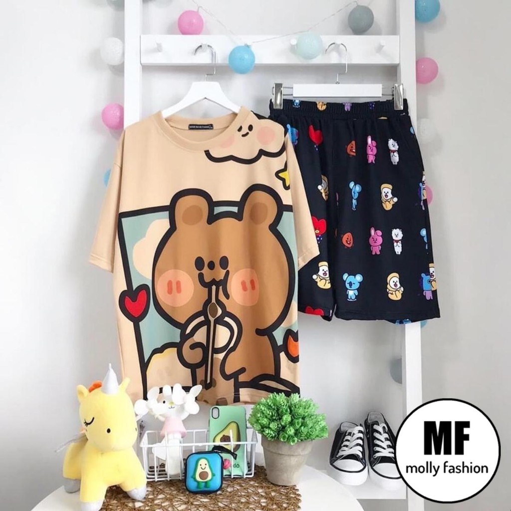 Set đồ bộ hoạt hình ❤️ Bộ mặc nhà Cartoon GẤU TRÀ SỮA NÂU form rộng Freesize Unisex nam nữ Molly Fashion