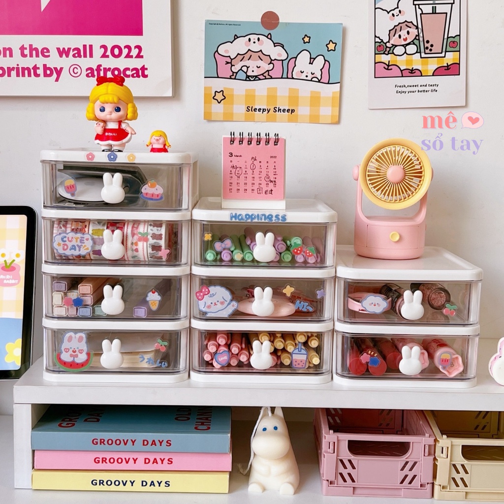 Tủ Nhựa Thỏ Mini Nhiều Ngăn Kéo Đựng Bút Phụ Kiện Decor Góc Học Tập