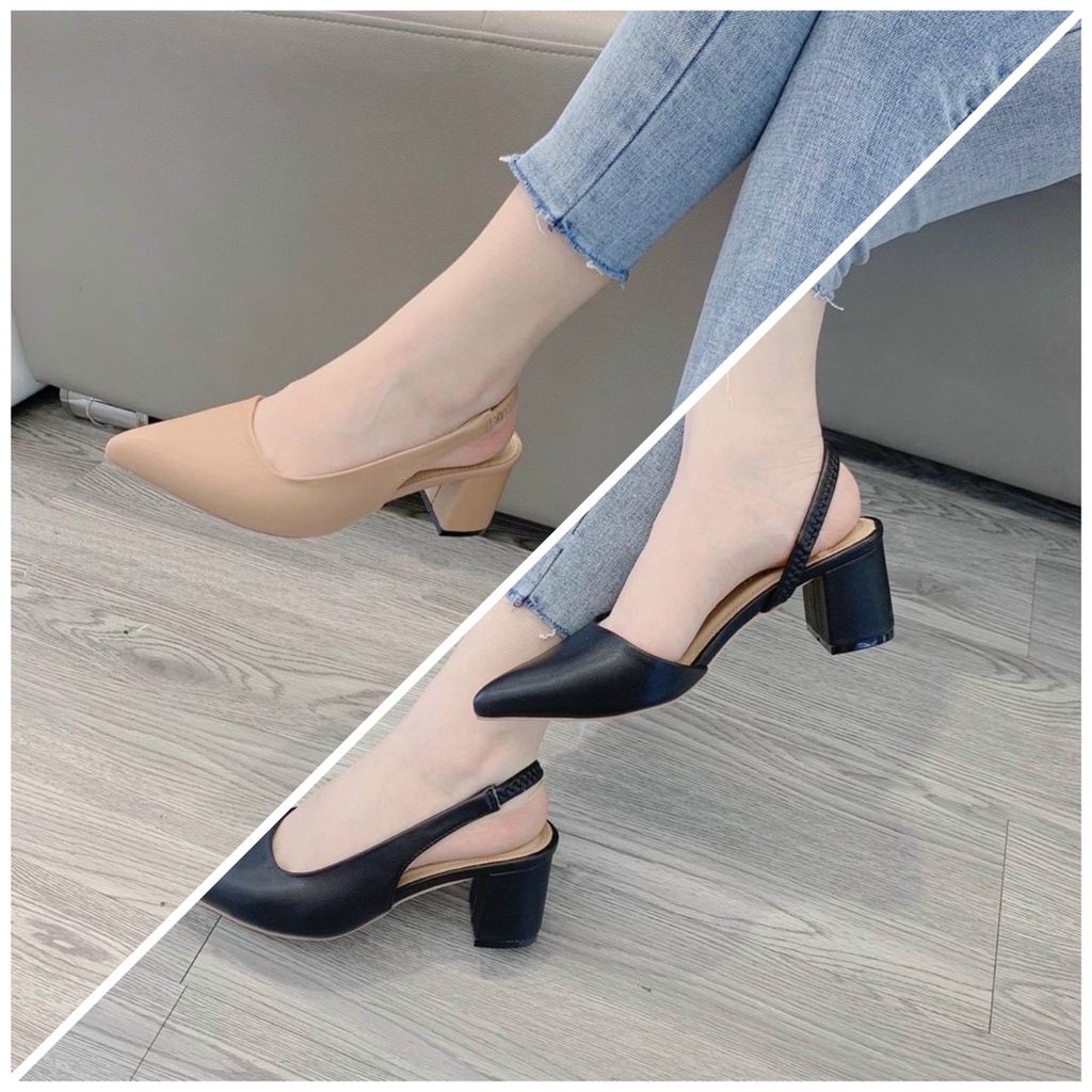 Giày Cao Gót Nữ Slingback Vintage Quai Hậu Mũi Nhọn Bit Mũi Gót Nhọn Hàn Quốc Đẹp Cao Cấp
