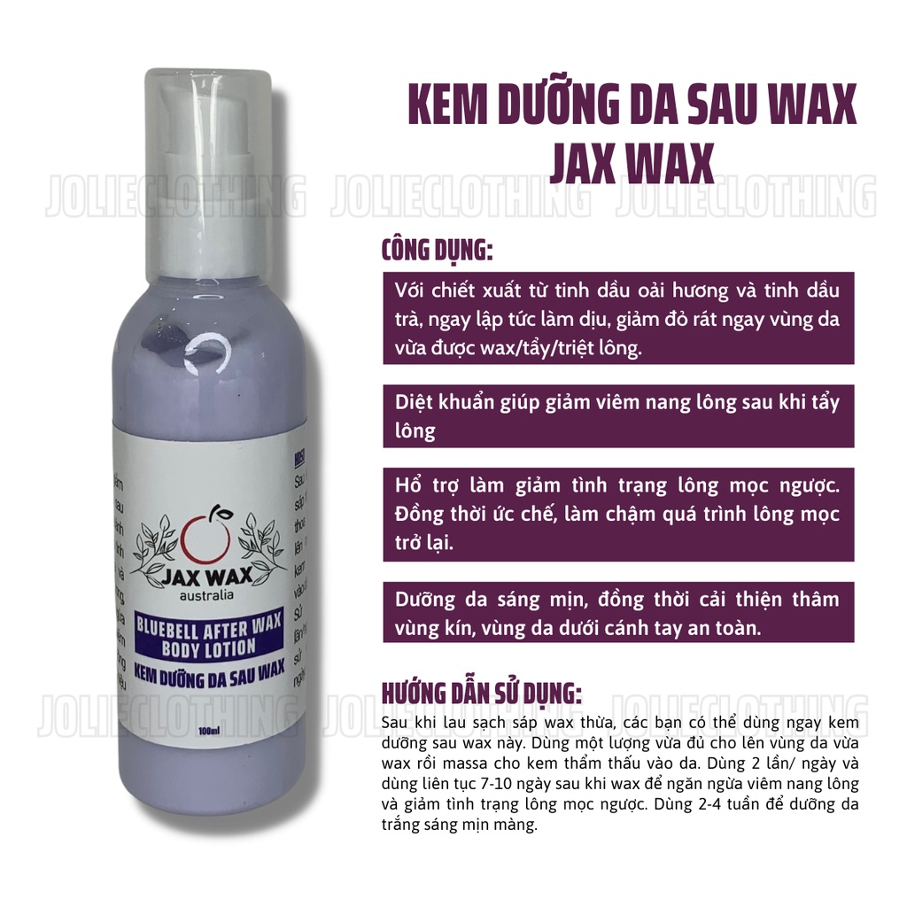 Kem dưỡng da sau wax lông và dầu lau sáp thừa Jax wax chính hãng, làm trắng, giảm thâm, giảm lông mọc ngược 100ml