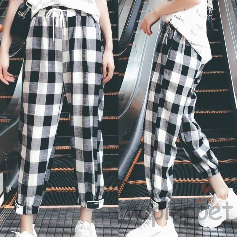 MAP-Female Trousers, Women’ s Plaid High Waist Long Harem Pants with Drawstring for Spring Summer, S/M/L/XL/XXL