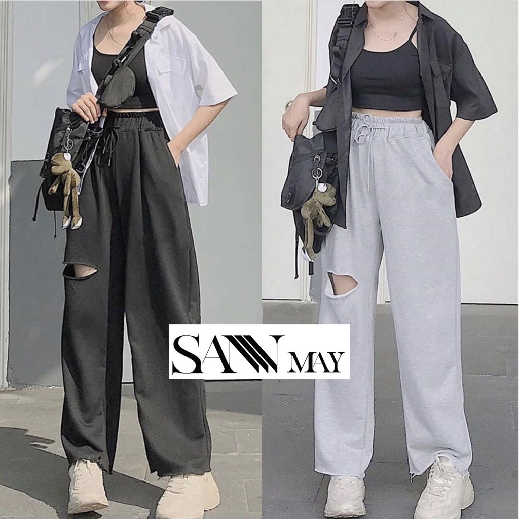 Quần Baggy Unisex, Chất liệu nỉ Ống Rộng Rách Gối, Cạp Cao Thun Dài SANMAY-QD001