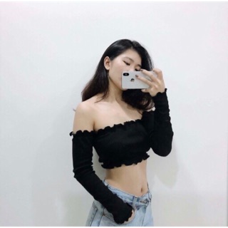 Áo croptop hở trễ vai nhún bèo tay dài thun gân - Hàng thiết kế SugarGalz