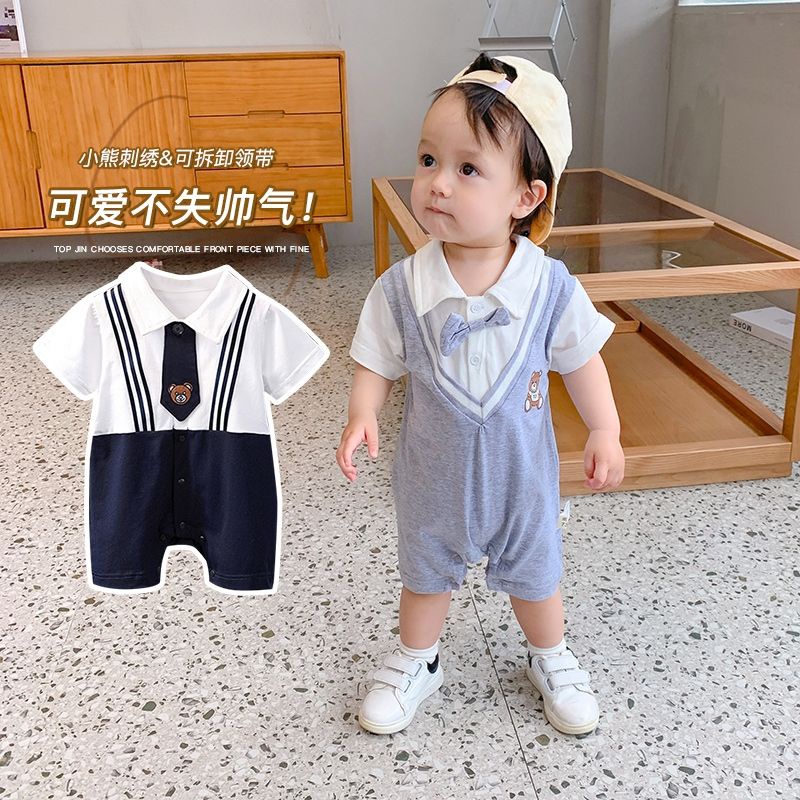Bộ Áo Liền Quần Giả Hai Mảnh Tay Ngắn Cổ Bẻ Thoáng Khí In Họa Tiết Dễ Thương Thời Trang Mùa Hè Cho Bé Trai