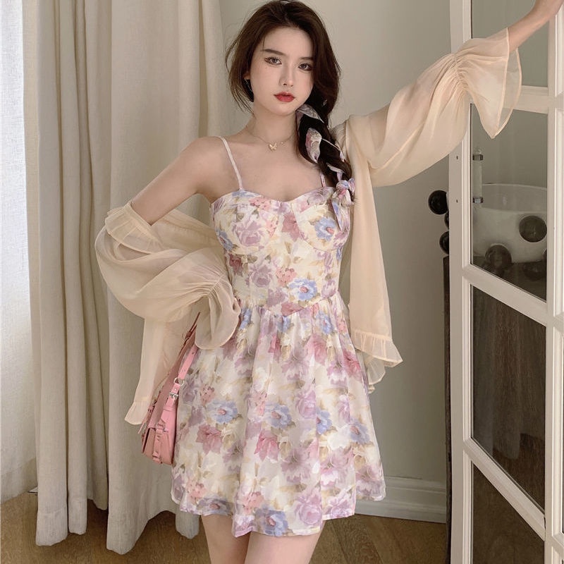Bộ Áo Khoác Cardigan + Đầm Hai Dây In Hoa Thời Trang Mùa Hè Hàng Mới 2022 Dành Cho Bạn Nữ