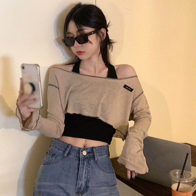 Áo Thun Tay Dài Trễ Vai Dáng Ngắn Chống Nắng Thời Trang Mùa Hè Ngọt Ngào Cho Nữ