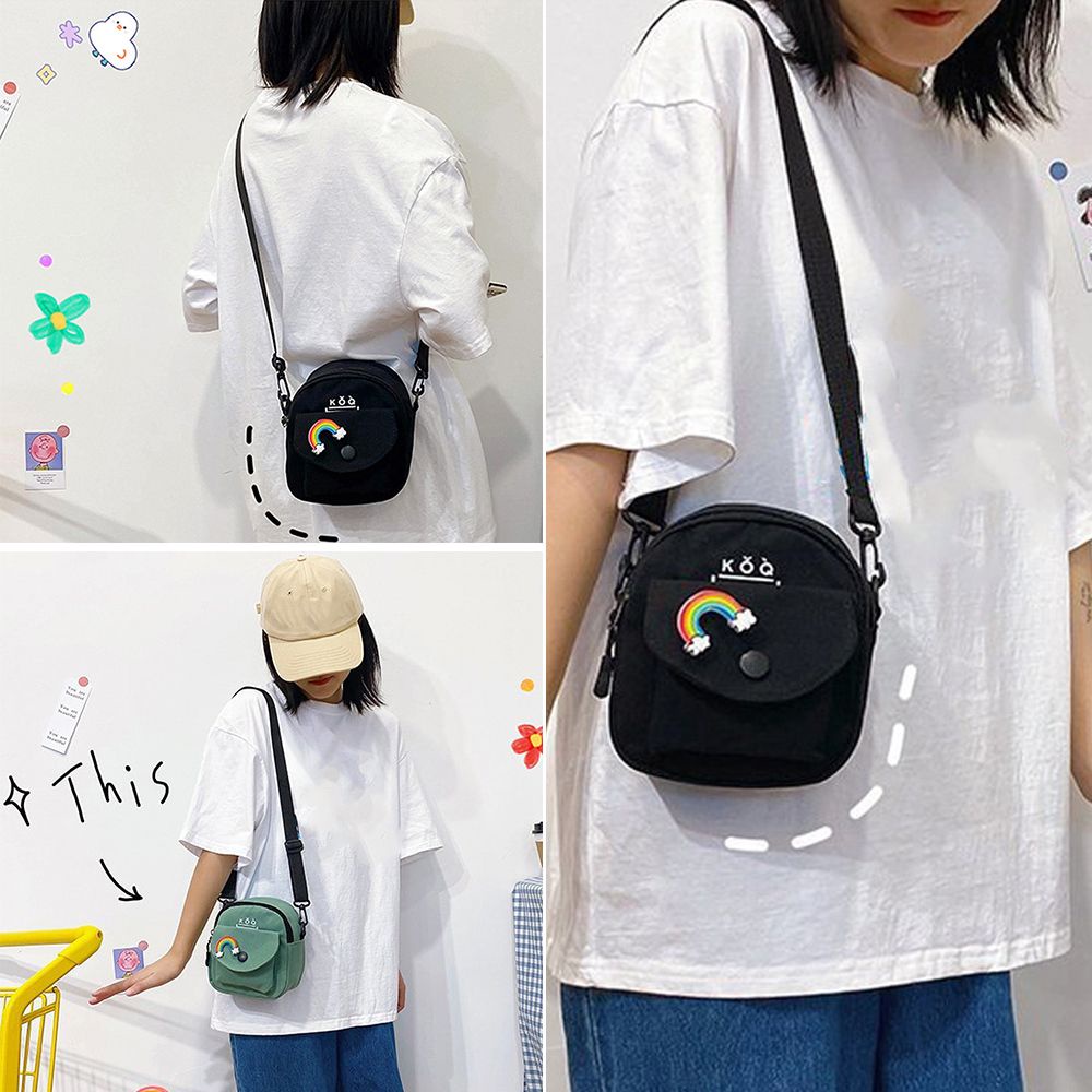 Túi Đeo Vai / Đeo Chéo Bằng Vải Canvas Màu Trơn Có Khóa Kéo Dễ Thương