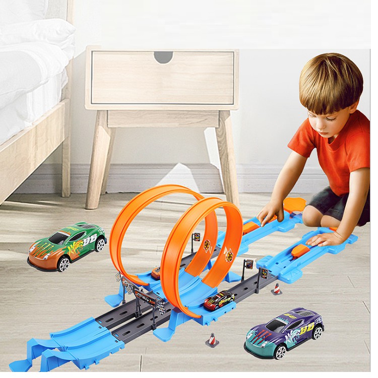 Đồ chơi trẻ em đường đua xe ô tô mini gồm 4 xe và 2 đường đua bằng nhựa đồ chơi lắp ghép