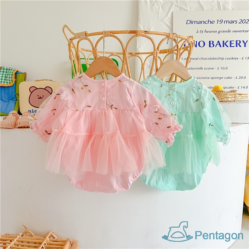 Áo Liền Quần Tam Giác Tay Dài Vải Lưới Mềm Thêu Họa Tiết Thổ Cẩm Dễ Thương Cho Bé Gái Sơ Sinh