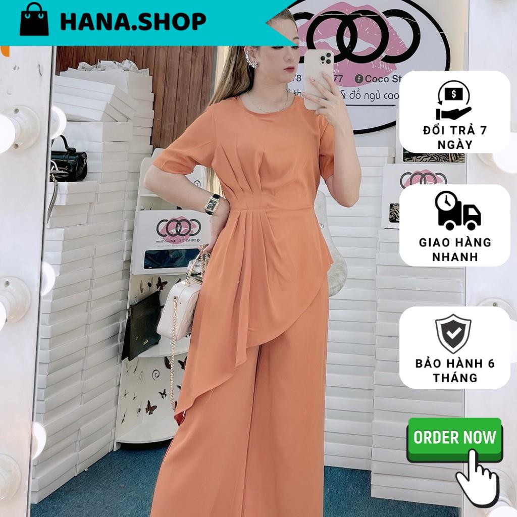 Set áo tà xéo xếp ly eo + quần ống suông màu cam - LS22