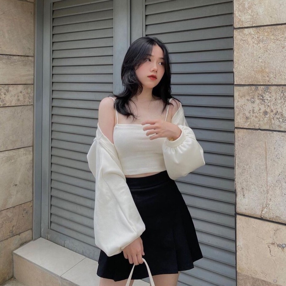 Set váy 3 món hot hit chân váy xếp ly + áo 2 dây + áo cardigan cực xinh | BigBuy360 - bigbuy360.vn