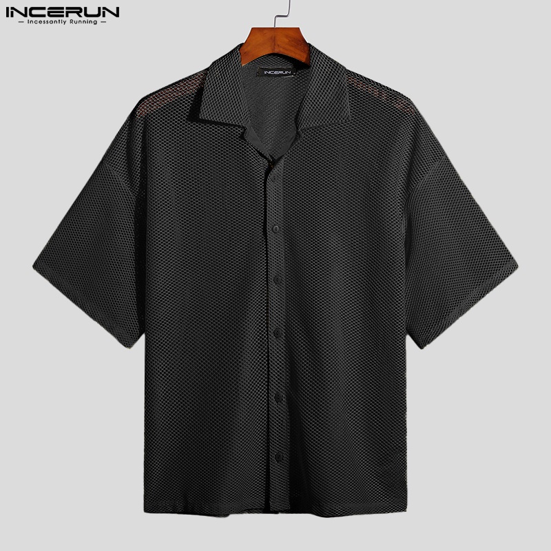 Áo sơ mi INCERUN tay ngắn cổ bẻ màu trơn tùy chọn thời trang cho nam