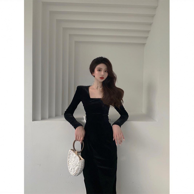 [Mã FAMAYWA2 giảm 10K đơn 50K] Váy nhung cổ nhung kết hợp hở lưng quyến rũ-V24 | BigBuy360 - bigbuy360.vn