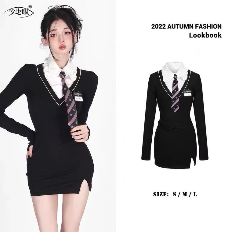 Bộ Đồng Phục Áo Tay Dài Phối Chân Váy Dệt Kim Giả Hai Lớp Phong Cách Preppy Trẻ Trung Mùa Thu