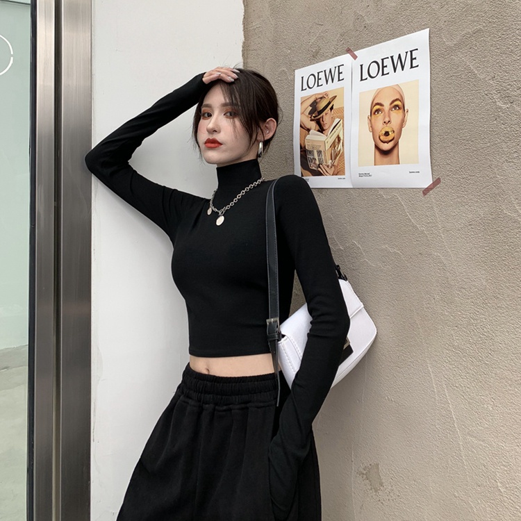 QKOOLE  Áo thun cổ cao dài tay màu trơn phong cách Hàn Quốc thời trang cho nữ