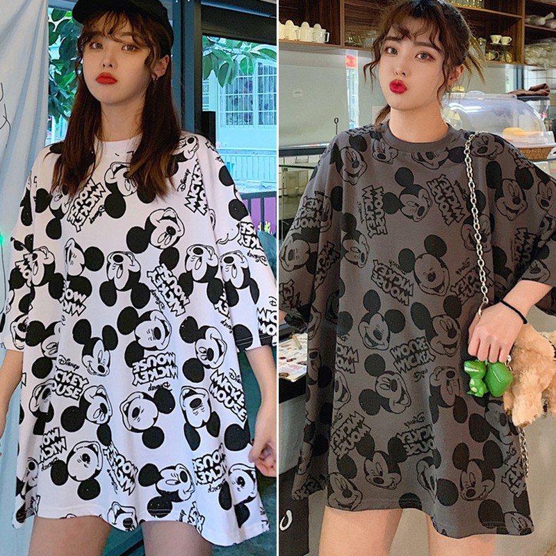 [Baywellfashion]Áo Thun Nữ Tay Ngắn Dáng Rộng In Hình Chuột Mickey Đáng Yêu