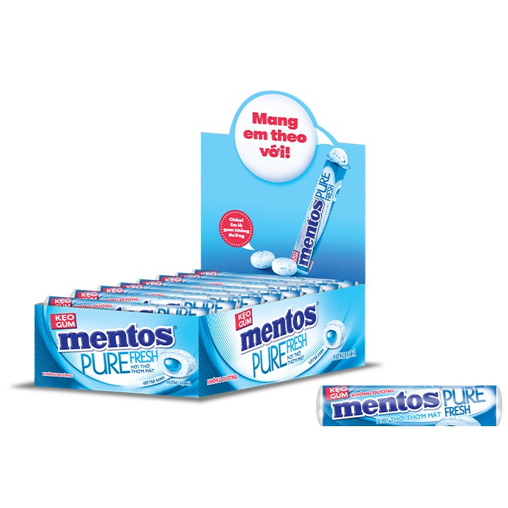 Kẹo Gum Không Đường Mentos Pure Fresh Dạng Thỏi Hương Bạc Hà (Hộp 16 Thỏi)