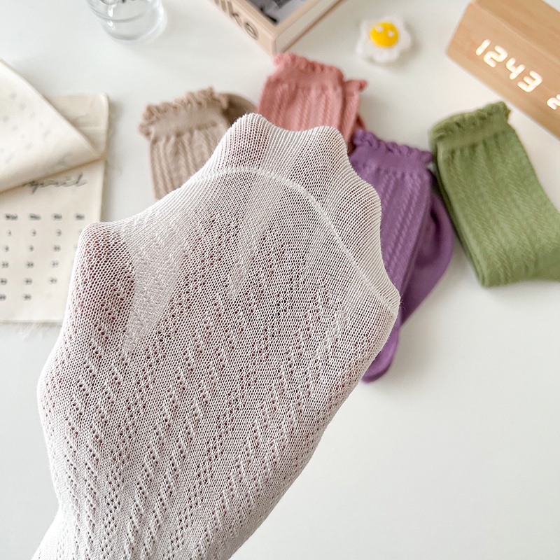 Vớ cổ cao vừa gấu nhún bèo màu trơn cotton lưới thoáng khí phong cách ngọt ngào đáng yêu dành cho nữ