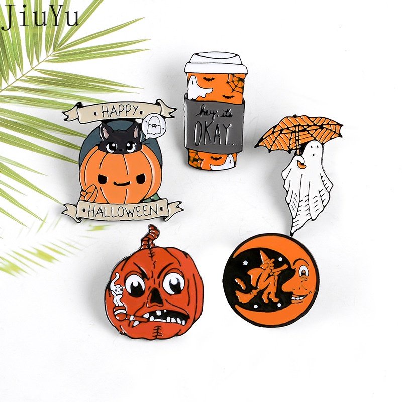 Ghim Cài Áo Hình Phù Thủy / Mèo / Bí Ngô Halloween Tráng Men Sáng Tạo