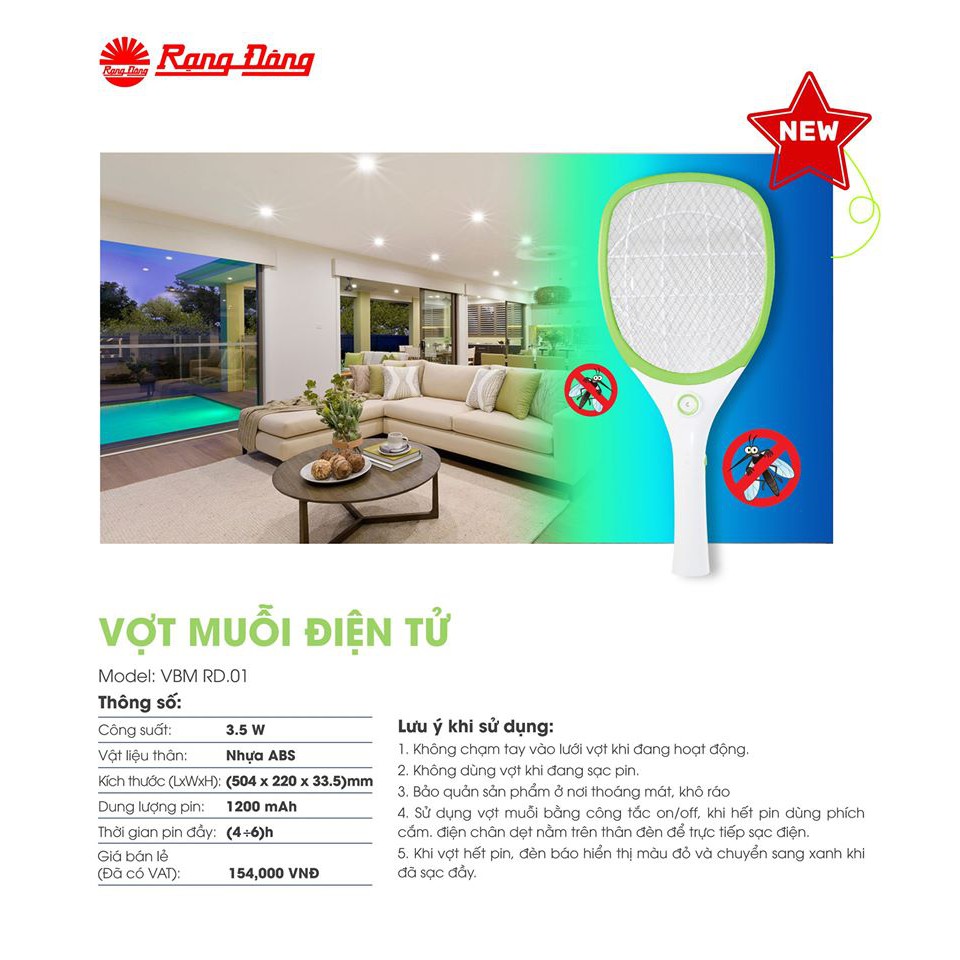 Vợt muỗi Rạng Đông siêu bền, 3.5W, cấp độ bảo vệ IP 20