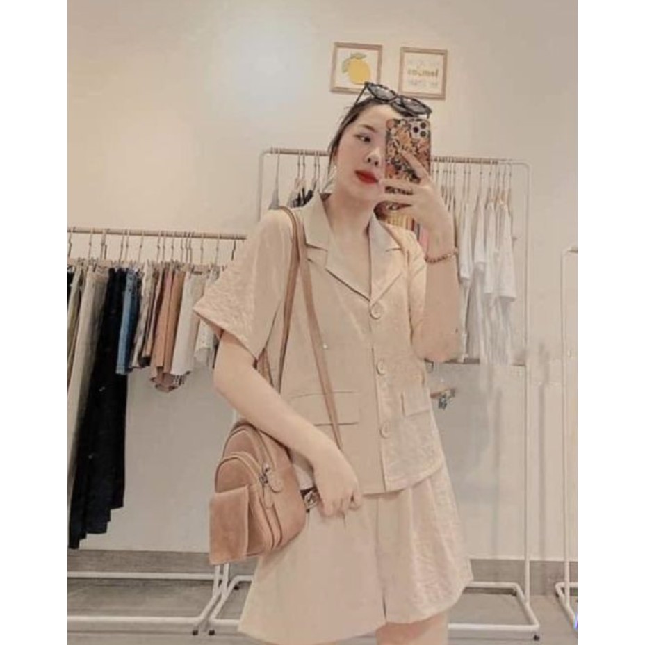 [Tặng kèm xả vải] Set đồ nữ vải đũi, Set áo vest cộc tay, quần đùi, Set áo vest cộc tay cúc gỗ phối quần đùi đi biển