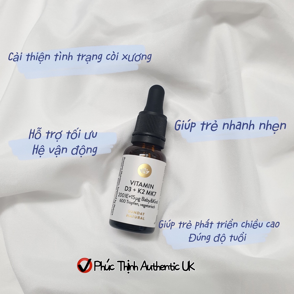 Vitamin D3 Cho Bé D3 K2 MK7 Đức Sunday Natural 20ml Giúp Hấp Thụ Canxi Phát Triển Chiều Cao Tối Ưu Cho Trẻ Từ Sơ Sinh