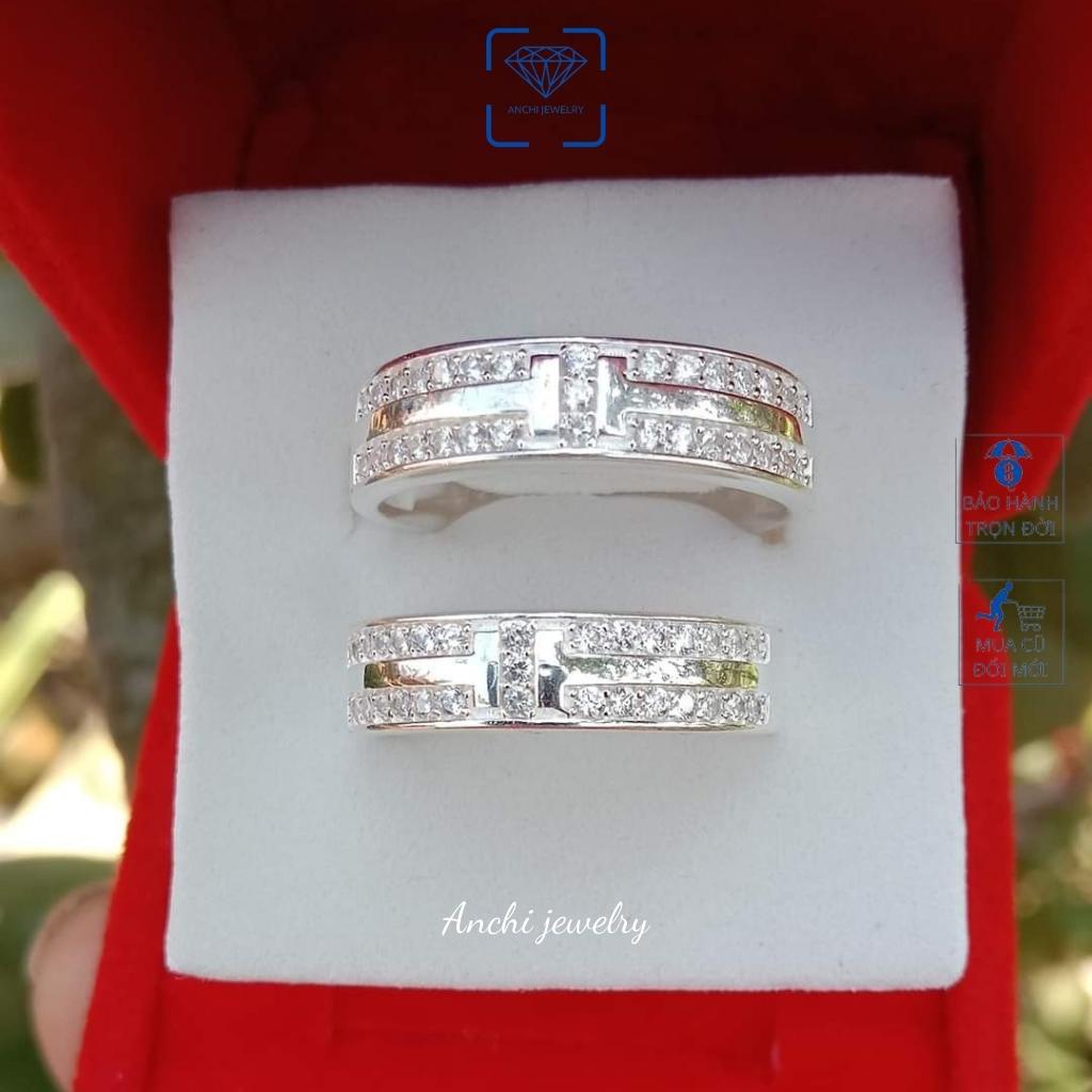Nhẫn đôi bản to khắc hoa văn đính đá, chuẩn bạc ta sáng đẹp - Anchi jewelry, Quà 14/2