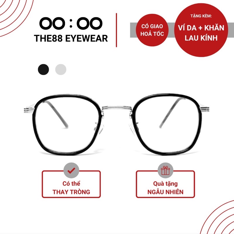 Gọng kính cận nữ THE88 dáng vuông gọng kim loại sang trọng cao cấp tròng giả cận 0 độ chống tia UV400 KC42