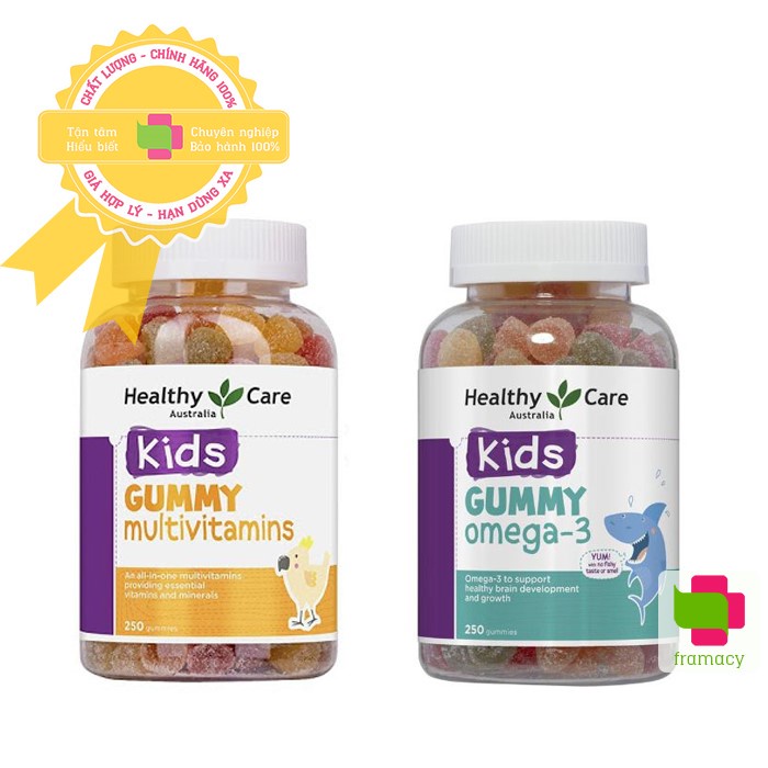 Kẹo dẻo Healthy Care Kids Gummy Omega 3/ Multivitamin, Úc (250 viên) bổ sung chất cho trẻ 2 tuổi trở lên