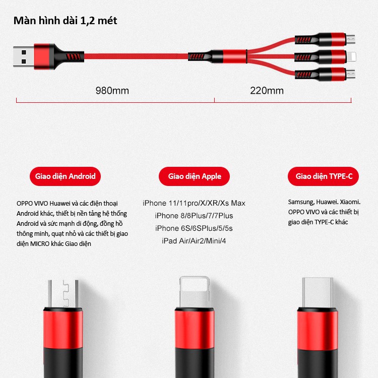 Cáp sạc 3 đầu đa năng Lightning, Micro, Type C siêu bền, tiện lợi, dài 1m2 bảo hành 12 tháng ILEPO IL17