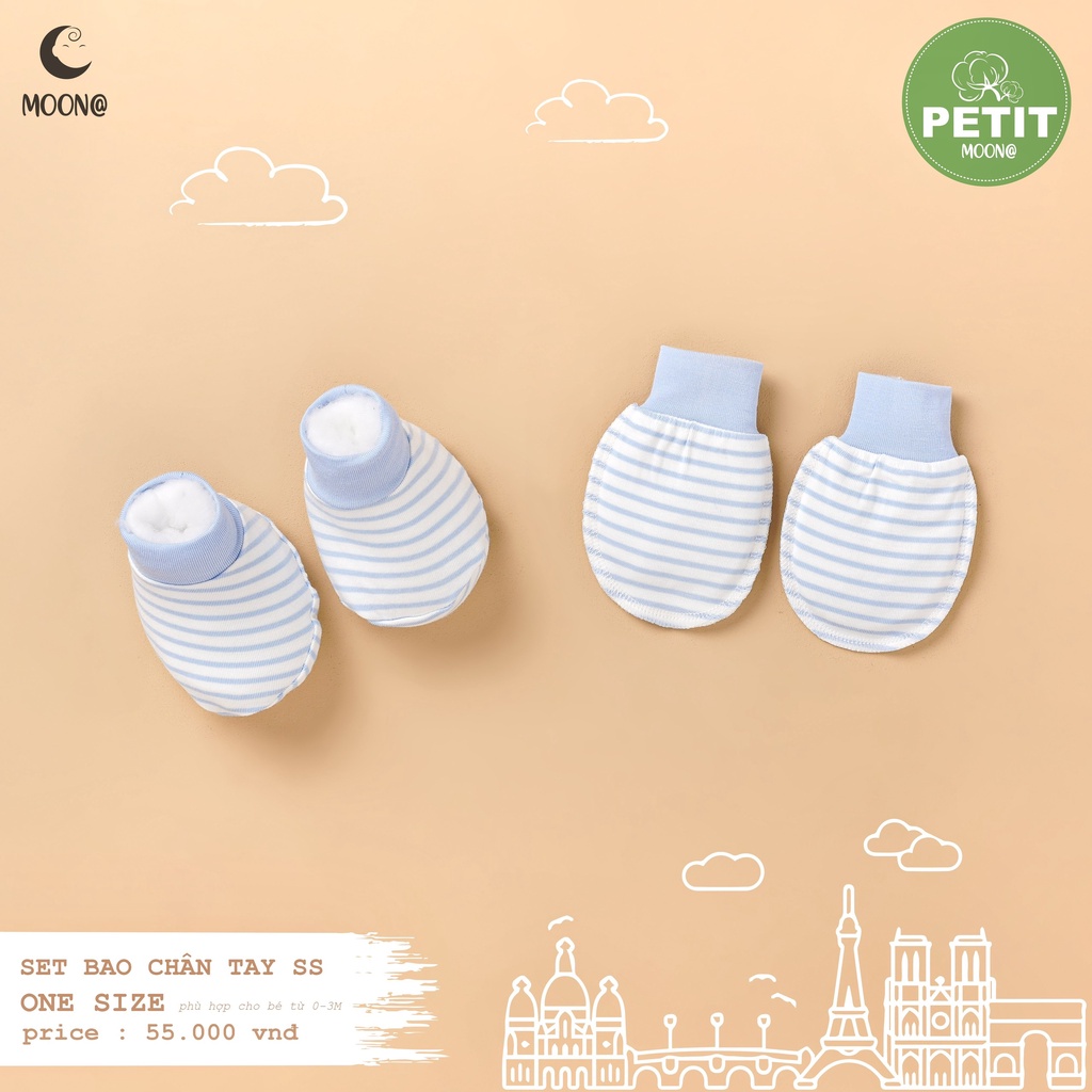 Mũ Bao tay Bao chân MOON vải petit mềm mỏng hình gấu kẻ bé sơ sinh 0-3M