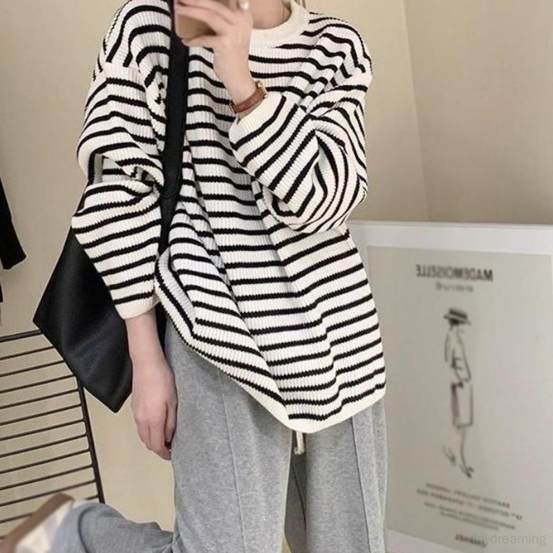 Áo Sweater Tay Dài Cổ Tròn Dáng Rộng Họa Tiết Kẻ Sọc Thời Trang Hàn Quốc Xinh Xắn Cho Nữ