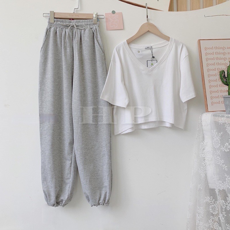 Sét áo croptop cổ tim + quần bom