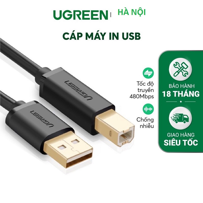 Cáp máy in dài 1.5m chuẩn USB 2.0 chính hãng Ugreen 10350 mạ vàng, bảo hành 18 tháng