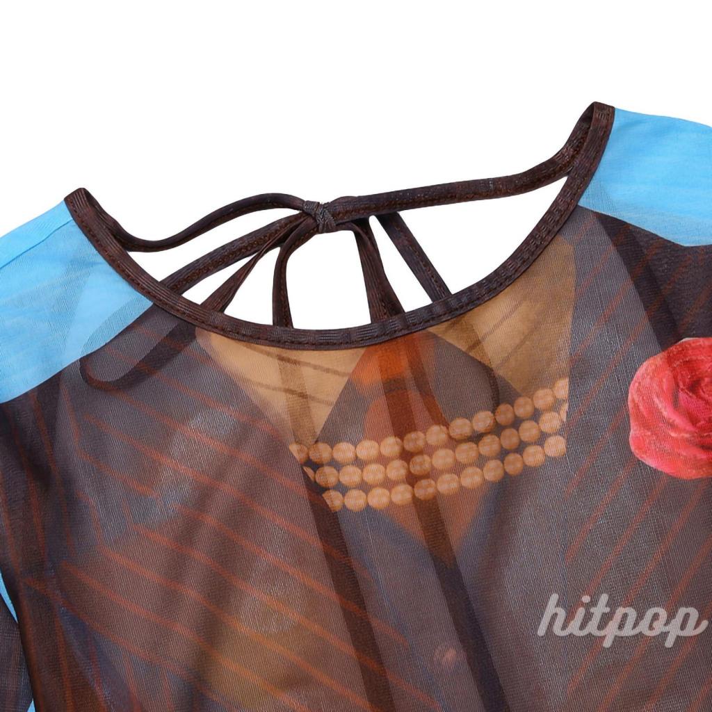 Hitpop-Women Summer Dress, Printed Long Sleeve Crew Neck Sheer Backless Long Dress, Ladies Tie-Up Perspective Party