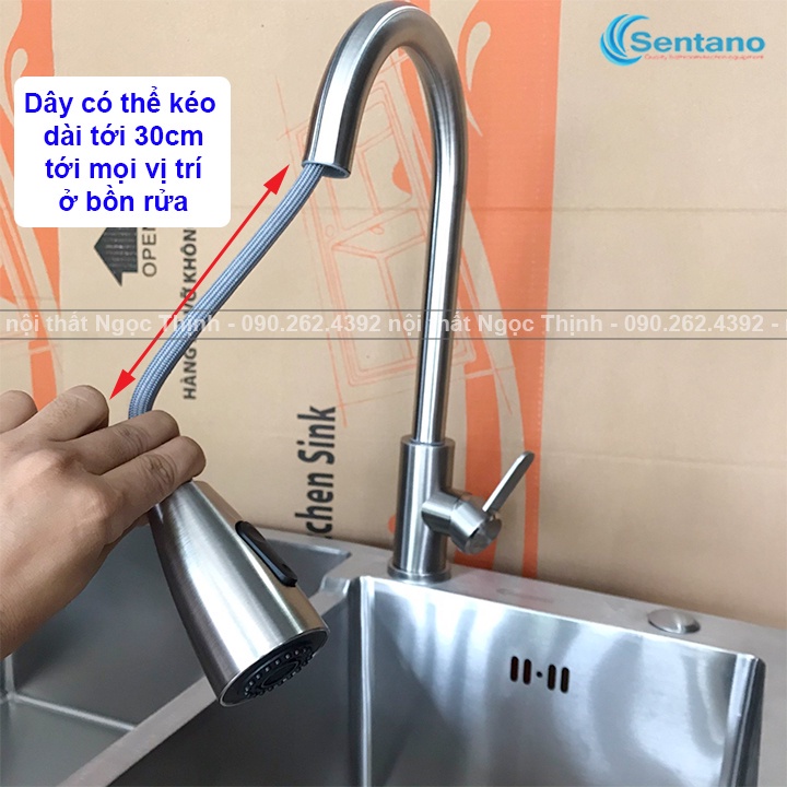 Vòi rửa chén bát NÓNG LẠNH inox 304 Sentano STN-407 kiểu dây kéo rút linh hoạt đầu phun 2 chế độ
