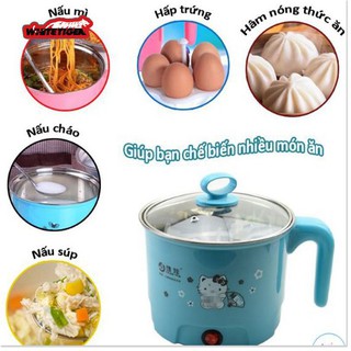 Ca nấu mì, ăn lẩu, đun nước siêu tốc đa năng mini 2 tầng tặng kèm xửng hấp