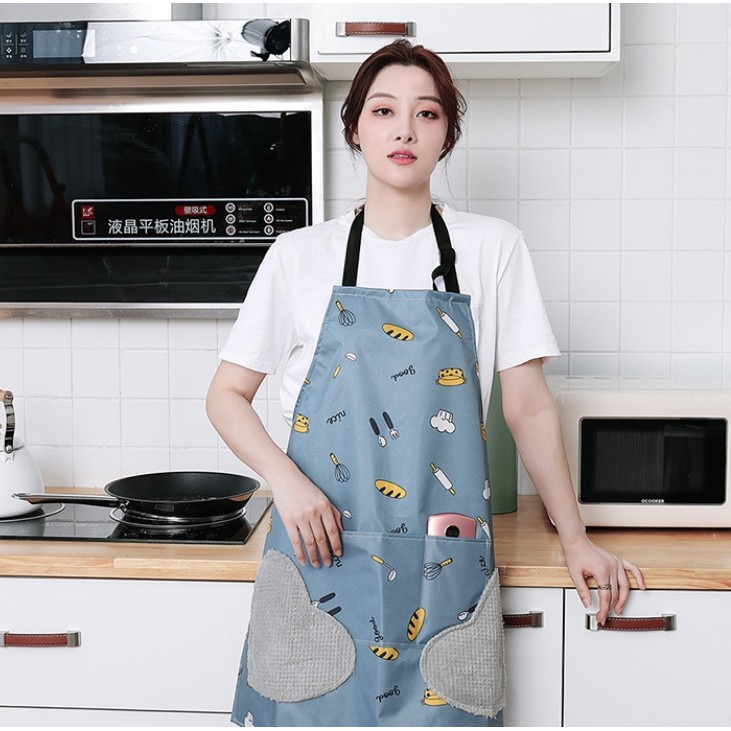 Tạp dề nội trợ dạng yếm in hình màu TÍM có túi, chống nước, chống dầu mỡ, có thể lau tay trực tiếp siêu tiện dụng