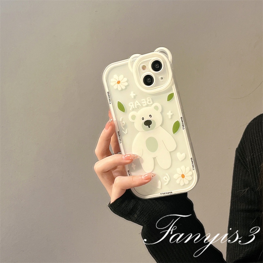 Ốp Điện Thoại Mềm Trong Suốt Họa Tiết Sọc Caro Đính Tai Gấu Cho iPhone 14 13 12 11 Pro Max X XR Xs Max 8 7 6 6s Plus SE 2020