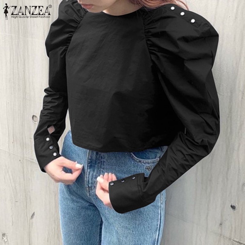 Áo kiểu Zanzea tay phồng dài cổ tròn màu trơn thời trang dành cho nữ