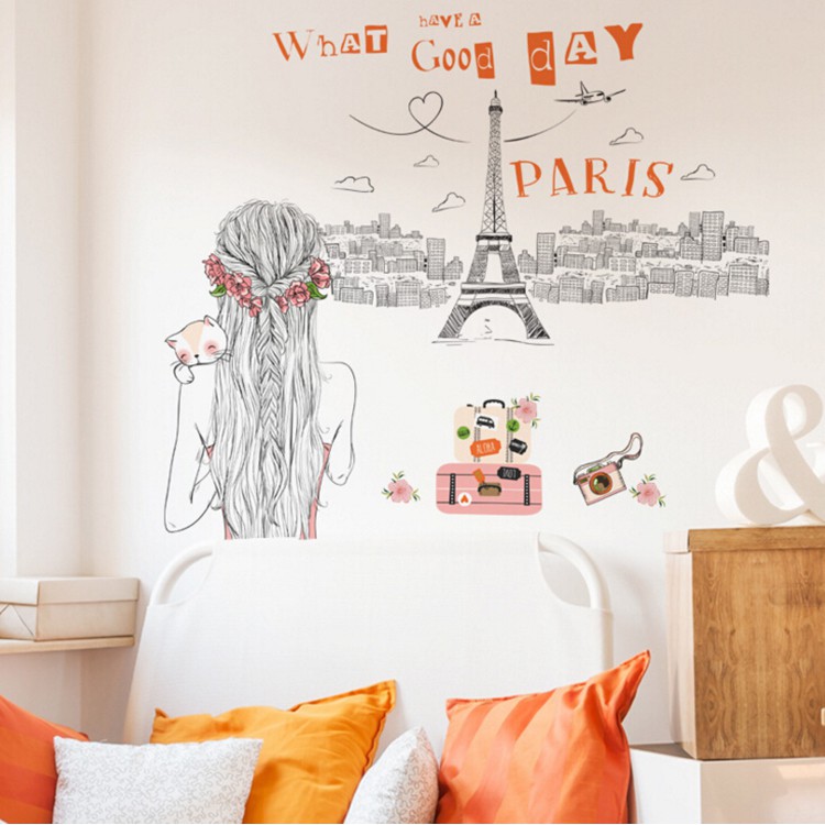 Decal dán tường cô gái nhìn ra tháp Eiffel-thành phố paris nước pháp JM7328