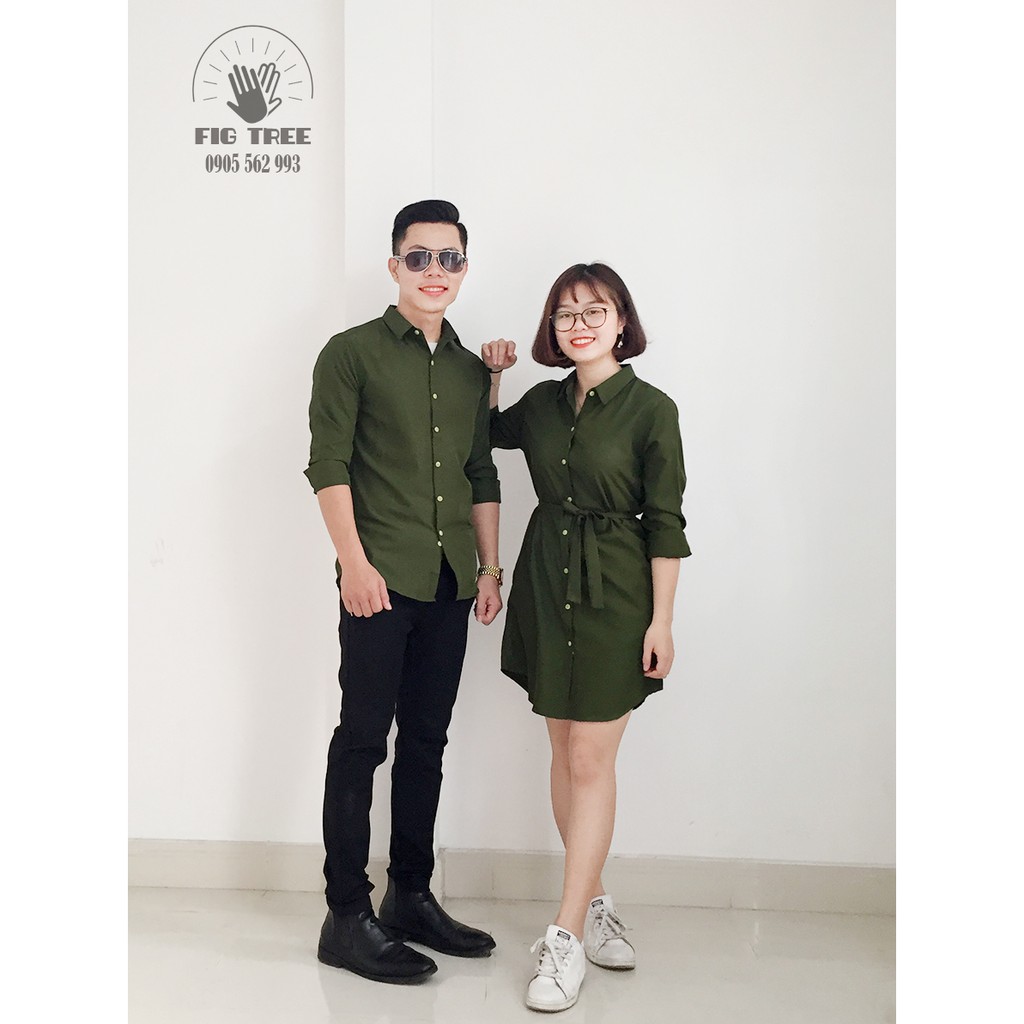 Set Sơ Mi Váy Đôi FIGTREE Xanh Olive Quà Tặng Ý Nghĩa Cho Nửa Kia