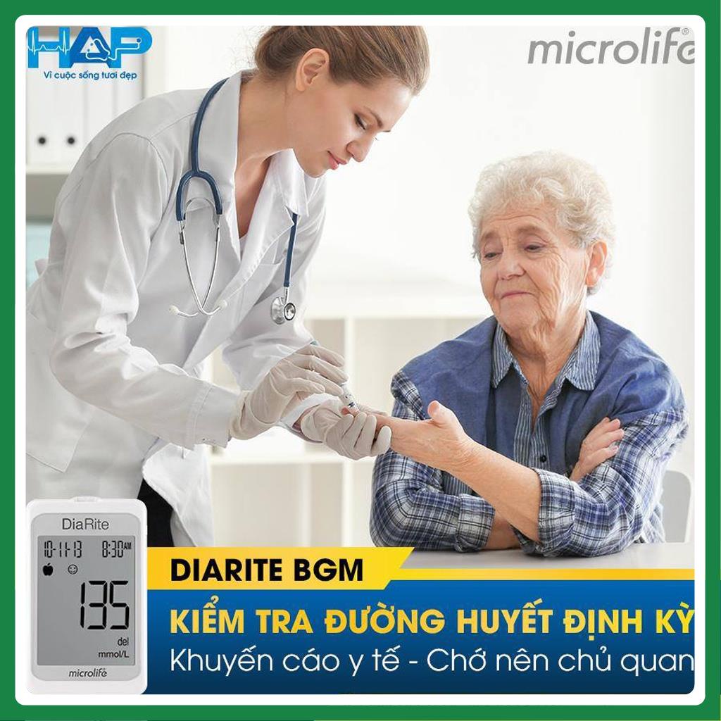 MÁY ĐO ĐƯỜNG HUYẾT MICROLIFE DIARITE BGM THUỴ SĨ - ĐO NHANH , CHÍNH XÁC CHỈ 5 GIÂY - TẶNG KÈM 25 QUE THỬ