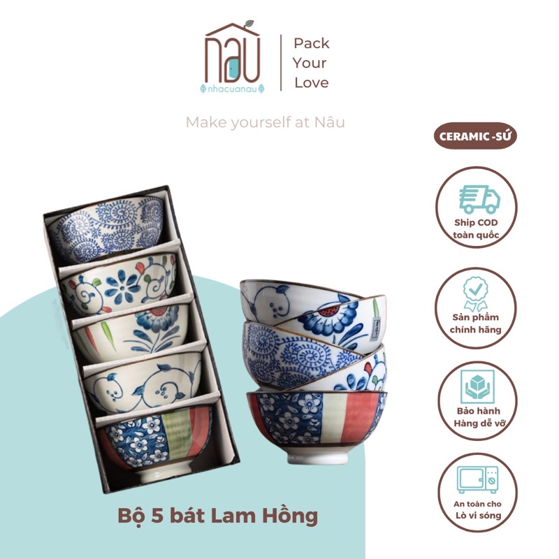 Lam Hồng - Set bát cơm Sứ làm Quà tặng, phong cách Nhật Bản, Bát Men Lam, vẽ tay tỉ mỉ có triện đáy hãng, Nhà của Nâu