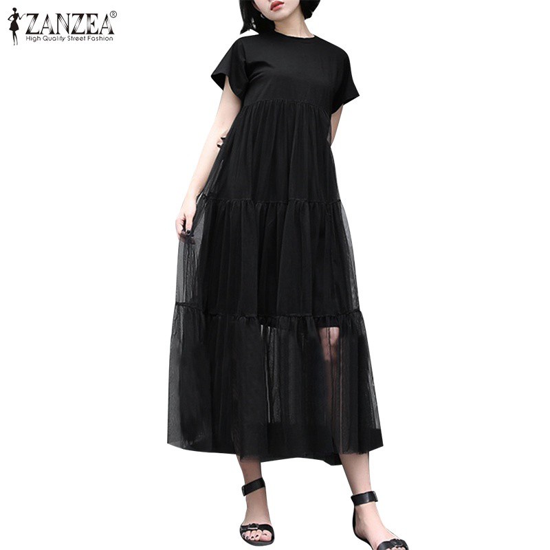 Đầm midi ZANZEA tay ngắn khâu ren hai lớp thời trang cho nữ