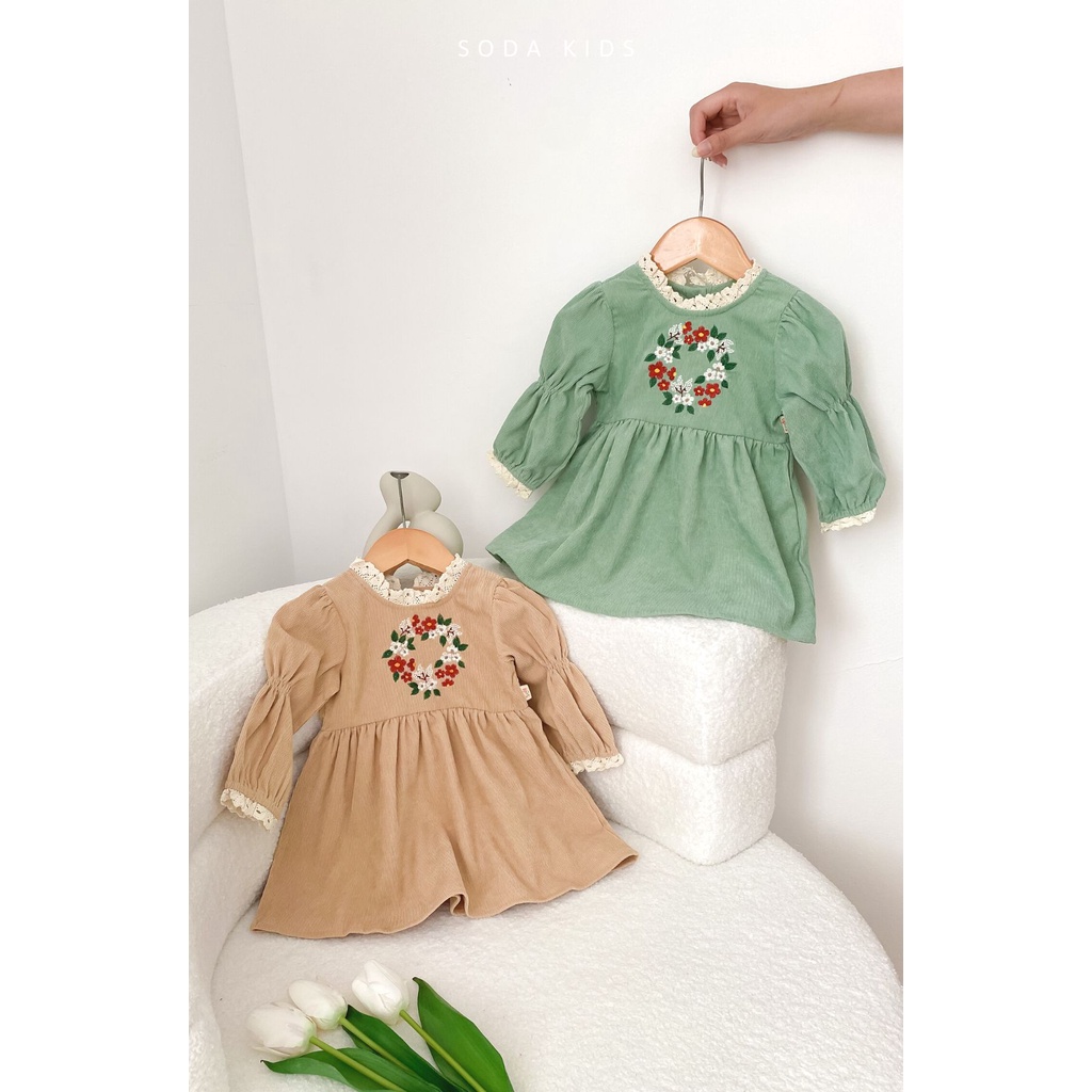 (Hàng thiết kế) Váy nhung chun tay thêu hoa