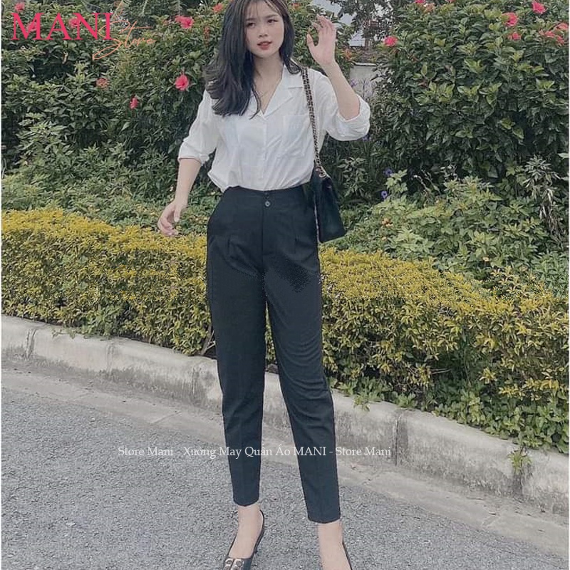 Quần tây công sở cạp liền lưng cao 2 cúc ống đứng dài kiểu quần baggy vải màu đen cạp cao nữ mặc đi học làm công sở đẹp
