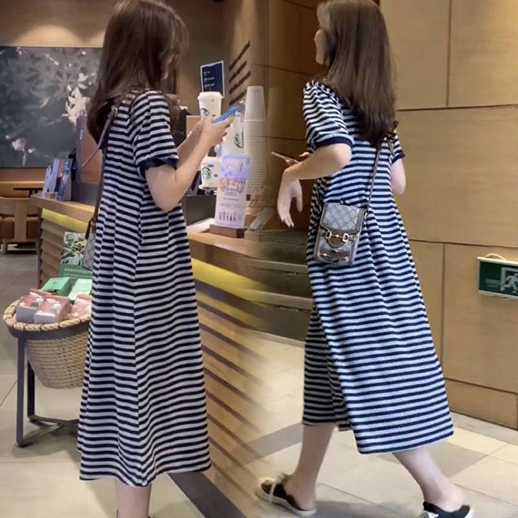 Váy ngủ nữ, đầm ngủ dáng suông freesize chất thun tay ngắn kẻ ngang cổ tròn dài 95cm